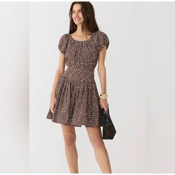 J. Crew Drop-waist cotton poplin mini dress in mocha floral Women’s Size 4 - Picture 1 of 13